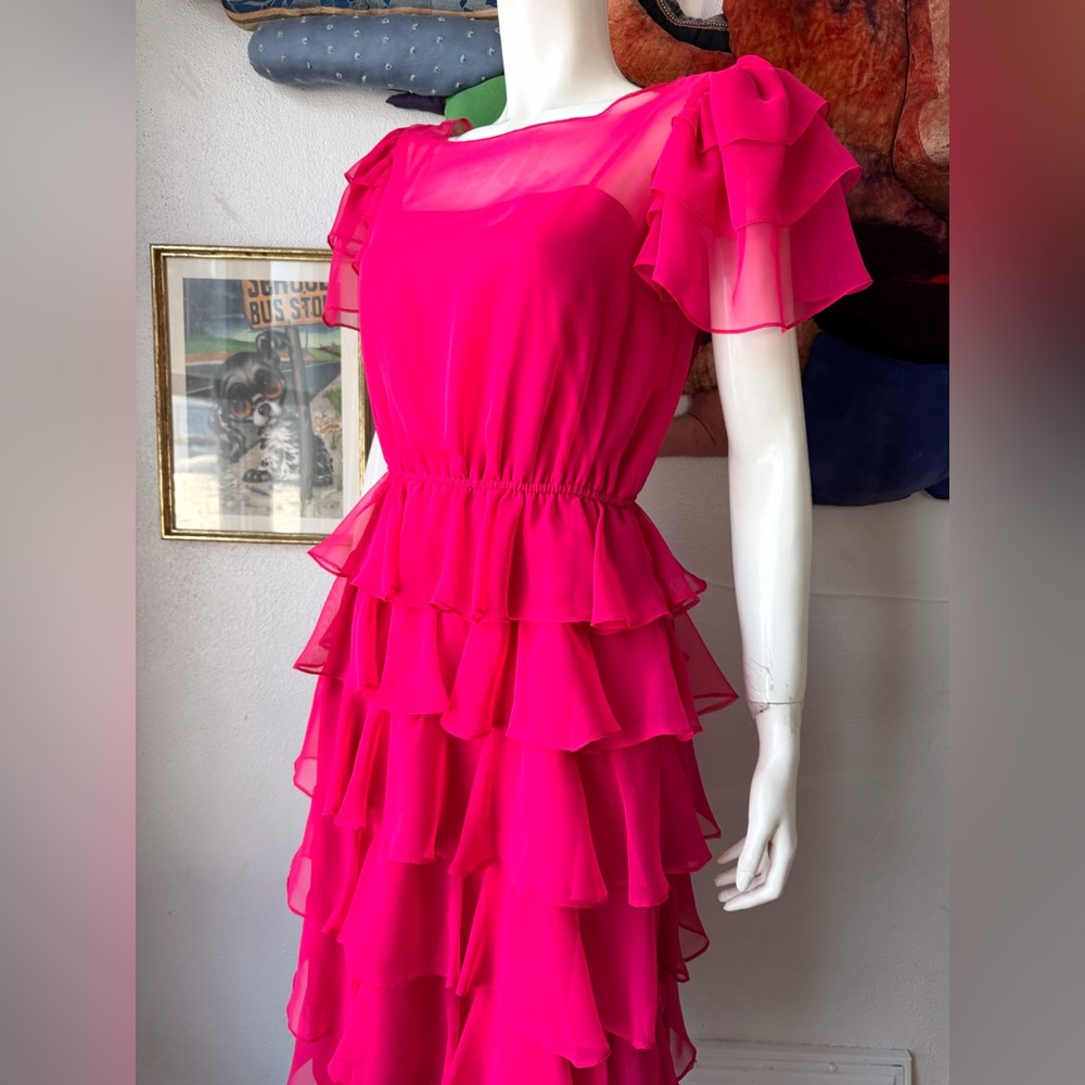 1970s PINK CHIFFON RUFFLES DRESS Vintage Ruffled Fluttery Sleeves Romantic 1980s - Picture 4 of 8